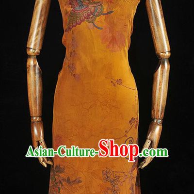Chinese Cheongsam Ginger Satin Cloth Classical Peony Butterfly Pattern Gambiered Guangdong Gauze Traditional Yellow Silk Fabric