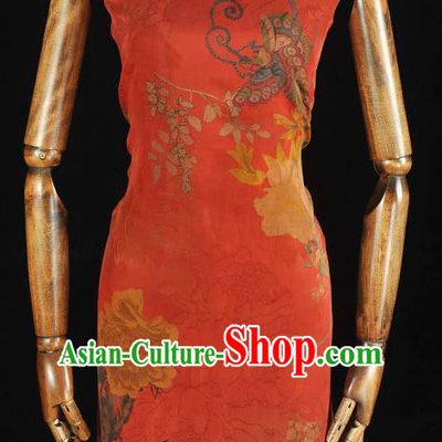 Chinese Classical Peony Butterfly Pattern Gambiered Guangdong Gauze Traditional Silk Fabric Cheongsam Red Satin Cloth