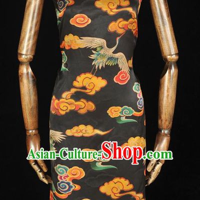Chinese Traditional Cheongsam Black Satin Cloth Gambiered Guangdong Gauze Classical Cloud Crane Pattern Silk Jacquard Fabric