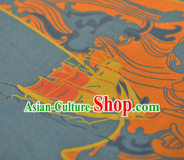 Chinese Blue Cloth Traditional Cheongsam Gambiered Guangdong Gauze Classical Sailboat Pattern Silk Fabric Chinese Blue Cloth Traditional Cheongsam Gambiered Guangdong Gauze Classical Sailboat Pattern Silk Fabric