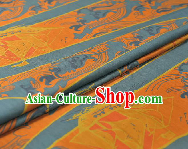 Chinese Blue Cloth Traditional Cheongsam Gambiered Guangdong Gauze Classical Sailboat Pattern Silk Fabric Chinese Blue Cloth Traditional Cheongsam Gambiered Guangdong Gauze Classical Sailboat Pattern Silk Fabric