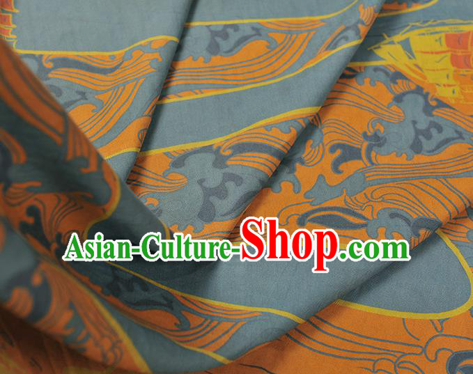 Chinese Blue Cloth Traditional Cheongsam Gambiered Guangdong Gauze Classical Sailboat Pattern Silk Fabric Chinese Blue Cloth Traditional Cheongsam Gambiered Guangdong Gauze Classical Sailboat Pattern Silk Fabric