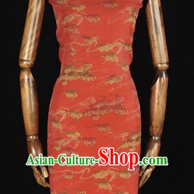 Chinese Traditional Cheongsam Cloth Red Gambiered Guangdong Gauze Classical Clouds Pattern Silk Fabric