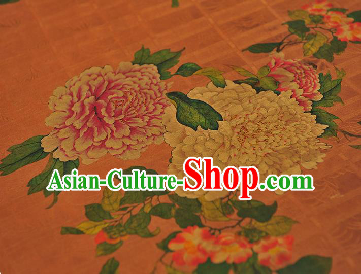 Chinese Cheongsam Cloth Traditional Ginger Silk Fabric Classical Peony Pattern Gambiered Guangdong Gauze