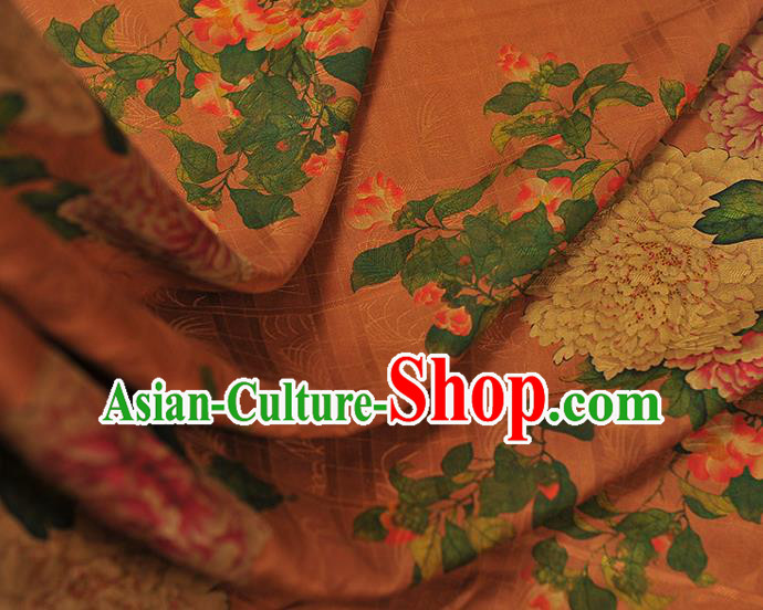Chinese Cheongsam Cloth Traditional Ginger Silk Fabric Classical Peony Pattern Gambiered Guangdong Gauze