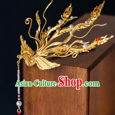 China Traditional Ming Dynasty Empress Gilding Phoenix Tassel Hairpin Ancient Court Queen Hair Crown Hair Accessories