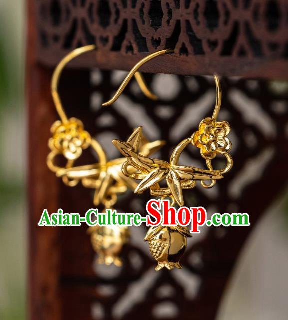 China Ming Dynasty Gilding Pomegranate Bamboo Earrings Traditional Palace Ear Jewelry China Ming Dynasty Gilding Pomegranate Bamboo Earrings Traditional Palace Ear Jewelry