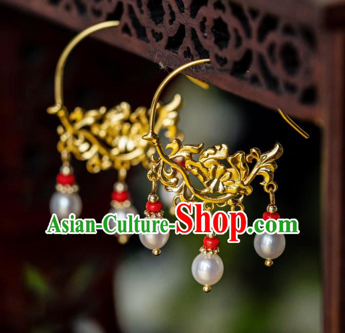 China Ming Dynasty Pearls Tassel Earrings Traditional Palace Gilding Peony Ear Jewelry China Ming Dynasty Pearls Tassel Earrings Traditional Palace Gilding Peony Ear Jewelry
