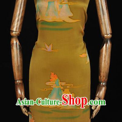 Chinese Traditional Cheongsam Gambiered Guangdong Gauze Classical Mount Crane Pattern Silk Fabric Ginger Satin Cloth