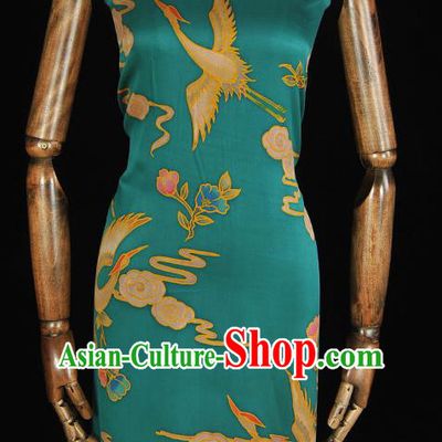 Chinese Classical Crane Flower Pattern Silk Fabric Blue Satin Cloth Traditional Cheongsam Gambiered Guangdong Gauze