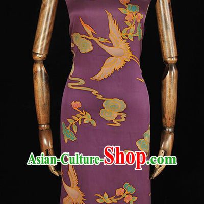 Chinese Traditional Gambiered Guangdong Gauze Classical Crane Flower Pattern Silk Fabric Cheongsam Purple Satin Cloth