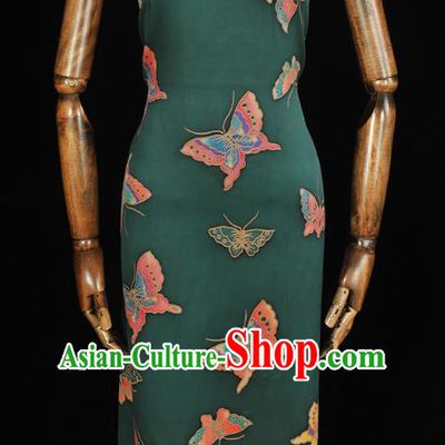 Chinese Traditional Deep Green Gambiered Guangdong Gauze Cheongsam Satin Cloth Classical Butterfly Pattern Silk Fabric