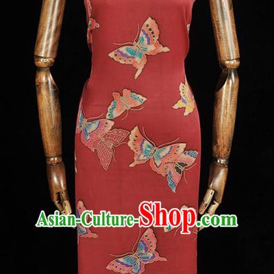 Chinese Traditional Red Gambiered Guangdong Gauze Classical Butterfly Pattern Silk Fabric Cheongsam Satin Cloth