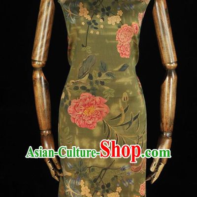 Chinese Cheongsam Classical Spring Flowers Pattern Silk Fabric Green Satin Cloth Traditional Gambiered Guangdong Gauze