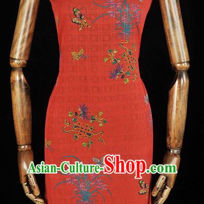 Chinese Cheongsam Classical Orchids Butterfly Pattern Silk Fabric Jacquard Cloth Traditional Red Gambiered Guangdong Gauze