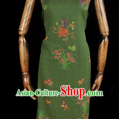 Chinese Cheongsam Jacquard Cloth Traditional Green Gambiered Guangdong Gauze Classical Orchids Butterfly Pattern Silk Fabric