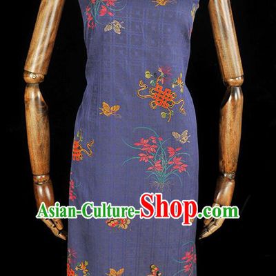 Chinese Traditional Violet Gambiered Guangdong Gauze Classical Orchids Butterfly Pattern Silk Fabric Cheongsam Jacquard Cloth