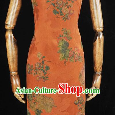 Chinese Traditional Gambiered Guangdong Gauze Jacquard Silk Fabric Cheongsam Classical Chrysanthemum Peony Pattern Orange Satin Cloth