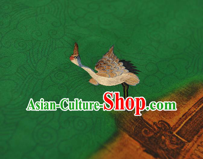 China Traditional Embroidered Cranes Pattern Silk Fabric Classical Cheongsam Green Satin Cloth China Traditional Embroidered Cranes Pattern Silk Fabric Classical Cheongsam Green Satin Cloth