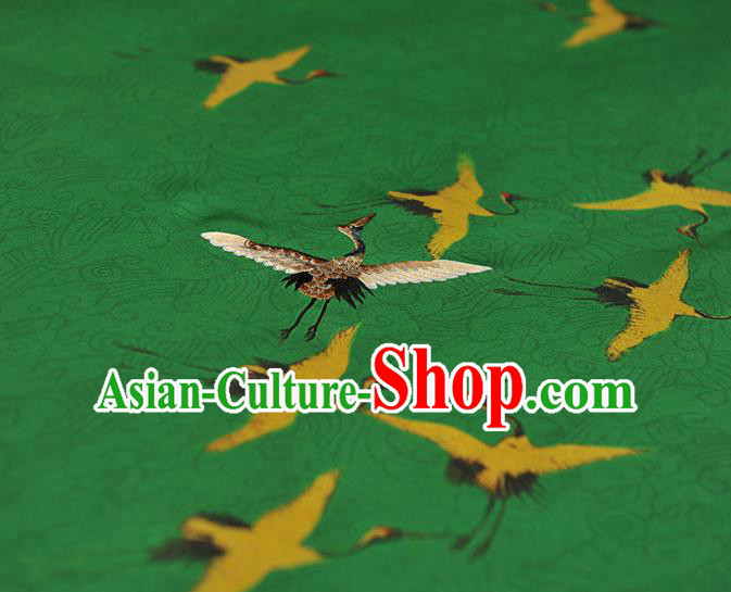 China Traditional Embroidered Cranes Pattern Silk Fabric Classical Cheongsam Green Satin Cloth China Traditional Embroidered Cranes Pattern Silk Fabric Classical Cheongsam Green Satin Cloth
