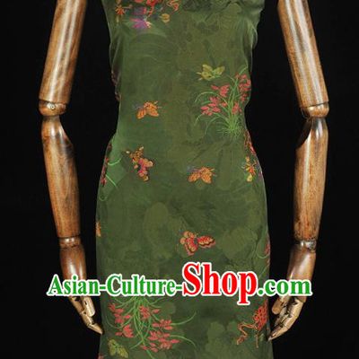 Chinese Traditional Jacquard Silk Fabric Cheongsam Gambiered Guangdong Gauze Classical Butterfly Orchids Pattern Deep Green Satin Cloth