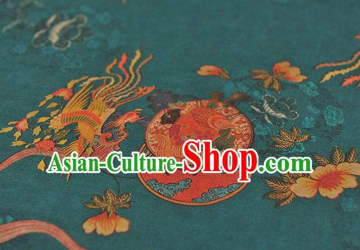 Chinese Gambiered Guangdong Gauze Classical Phoenix Peony Pattern Cloth Traditional Cheongsam Teal Silk Fabric Chinese Gambiered Guangdong Gauze Classical Phoenix Peony Pattern Cloth Traditional Cheongsam Teal Silk Fabric
