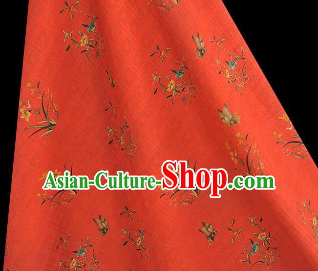 Chinese Classical Orchids Pattern Cloth Traditional Cheongsam Red Silk Fabric Gambiered Guangdong Gauze