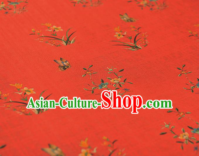 Chinese Classical Orchids Pattern Cloth Traditional Cheongsam Red Silk Fabric Gambiered Guangdong Gauze