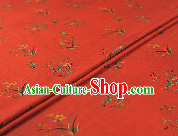 Chinese Classical Orchids Pattern Cloth Traditional Cheongsam Red Silk Fabric Gambiered Guangdong Gauze