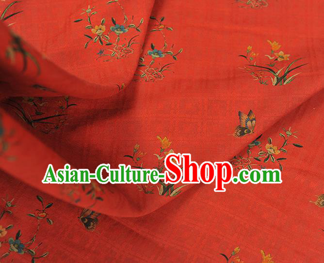 Chinese Classical Orchids Pattern Cloth Traditional Cheongsam Red Silk Fabric Gambiered Guangdong Gauze