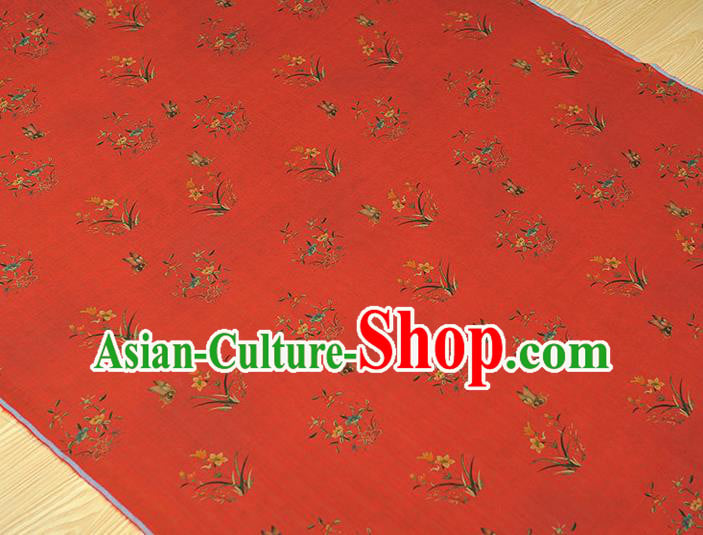 Chinese Classical Orchids Pattern Cloth Traditional Cheongsam Red Silk Fabric Gambiered Guangdong Gauze