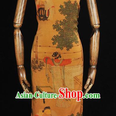 Chinese Traditional Ginger Gambiered Guangdong Gauze Classical Beauty Pattern Silk Fabric Cheongsam Satin Cloth