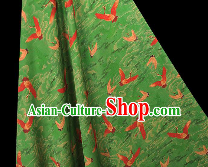 Chinese Satin Fabric Traditional Cheongsam Gambiered Guangdong Gauze Classical Cranes Pattern Green Silk Cloth Chinese Satin Fabric Traditional Cheongsam Gambiered Guangdong Gauze Classical Cranes Pattern Green Silk Cloth
