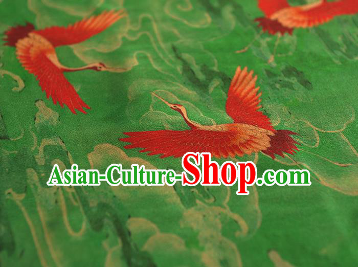 Chinese Satin Fabric Traditional Cheongsam Gambiered Guangdong Gauze Classical Cranes Pattern Green Silk Cloth Chinese Satin Fabric Traditional Cheongsam Gambiered Guangdong Gauze Classical Cranes Pattern Green Silk Cloth