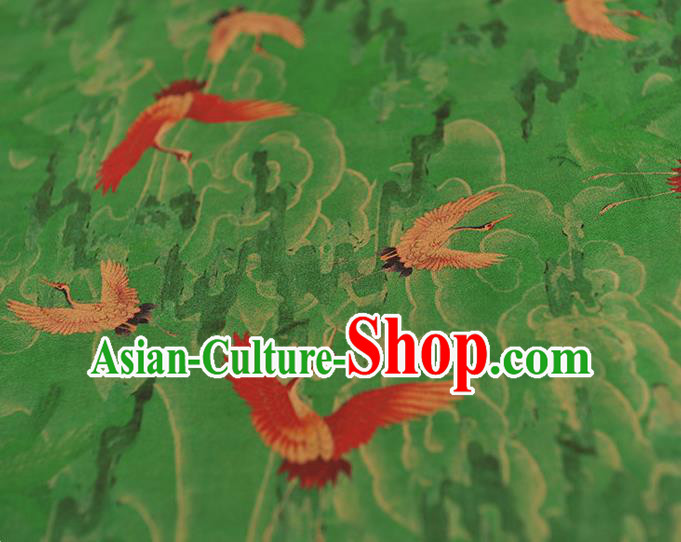 Chinese Satin Fabric Traditional Cheongsam Gambiered Guangdong Gauze Classical Cranes Pattern Green Silk Cloth Chinese Satin Fabric Traditional Cheongsam Gambiered Guangdong Gauze Classical Cranes Pattern Green Silk Cloth