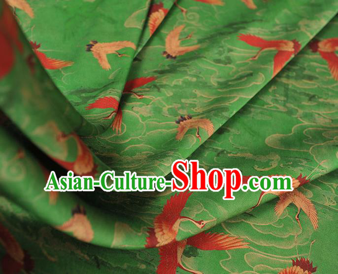 Chinese Satin Fabric Traditional Cheongsam Gambiered Guangdong Gauze Classical Cranes Pattern Green Silk Cloth Chinese Satin Fabric Traditional Cheongsam Gambiered Guangdong Gauze Classical Cranes Pattern Green Silk Cloth