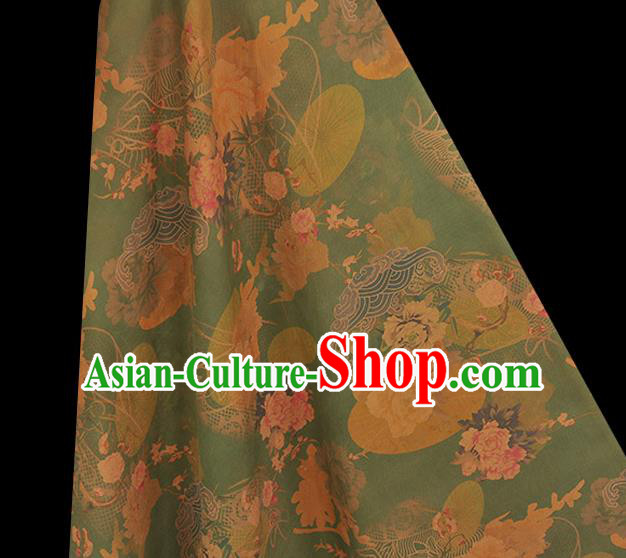 Chinese Cheongsam Green Silk Fabric Traditional Gambiered Guangdong Gauze Classical Peony Pattern Cloth