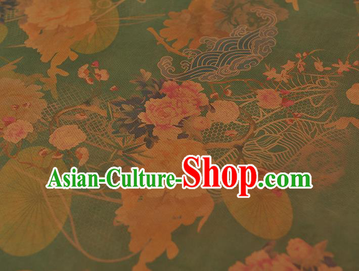Chinese Cheongsam Green Silk Fabric Traditional Gambiered Guangdong Gauze Classical Peony Pattern Cloth