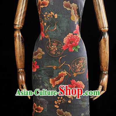 Chinese Classical Lotus Peony Pattern Silk Material Traditional Fabric Navy Gambiered Guangdong Gauze Cheongsam Satin