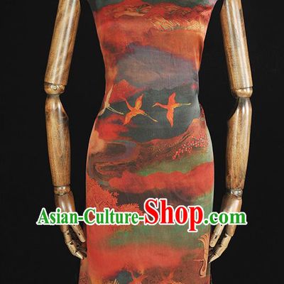 Chinese Cheongsam Gambiered Guangdong Gauze Classical Cranes Pattern Silk Material Traditional Fabric