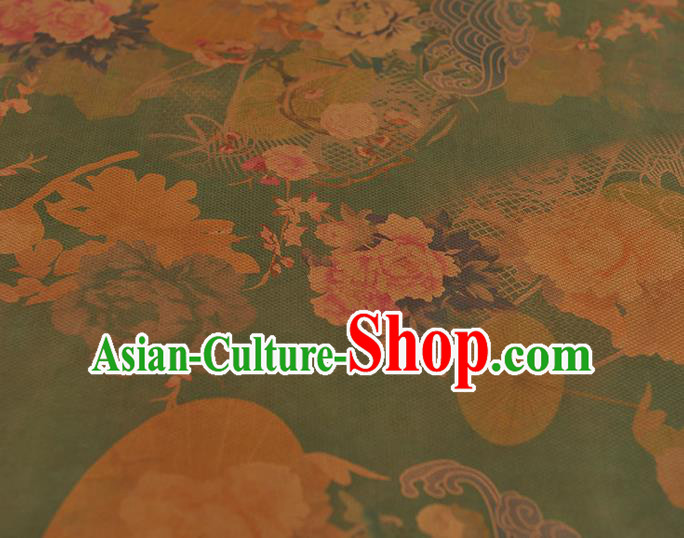 Chinese Cheongsam Green Silk Fabric Traditional Gambiered Guangdong Gauze Classical Peony Pattern Cloth