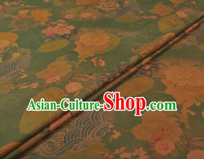 Chinese Cheongsam Green Silk Fabric Traditional Gambiered Guangdong Gauze Classical Peony Pattern Cloth