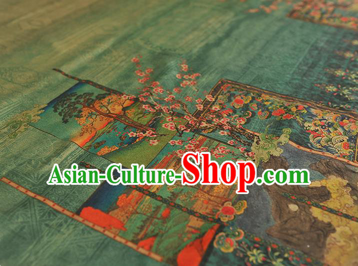 China Traditional Plum Blossom Pattern Green Silk Fabric Classical Cheongsam Gambiered Guangdong Gauze Cloth China Traditional Plum Blossom Pattern Green Silk Fabric Classical Cheongsam Gambiered Guangdong Gauze Cloth
