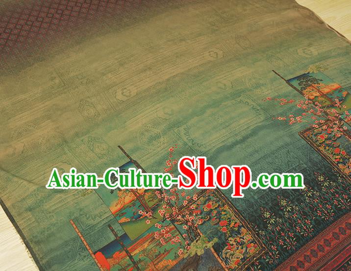 China Traditional Plum Blossom Pattern Green Silk Fabric Classical Cheongsam Gambiered Guangdong Gauze Cloth China Traditional Plum Blossom Pattern Green Silk Fabric Classical Cheongsam Gambiered Guangdong Gauze Cloth
