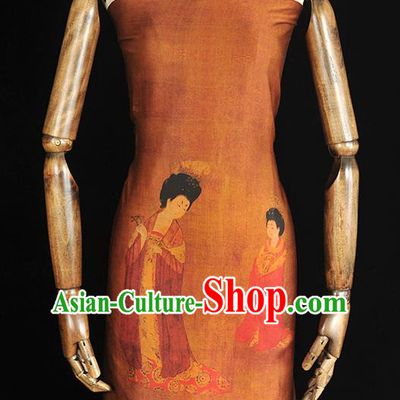 Chinese Traditional Ginger Silk Fabric Cheongsam Gambiered Guangdong Gauze Classical Palace Lady Pattern Silk Material