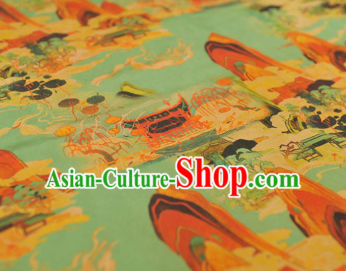 Chinese Classical Fairyland Pattern Silk Material Cheongsam Gambiered Guangdong Gauze Traditional Green Silk Fabric Chinese Classical Fairyland Pattern Silk Material Cheongsam Gambiered Guangdong Gauze Traditional Green Silk Fabric