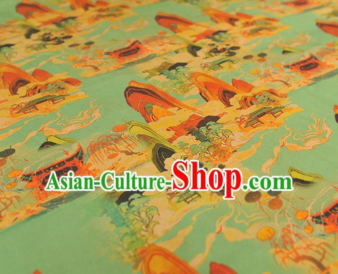 Chinese Classical Fairyland Pattern Silk Material Cheongsam Gambiered Guangdong Gauze Traditional Green Silk Fabric Chinese Classical Fairyland Pattern Silk Material Cheongsam Gambiered Guangdong Gauze Traditional Green Silk Fabric