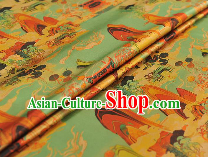 Chinese Classical Fairyland Pattern Silk Material Cheongsam Gambiered Guangdong Gauze Traditional Green Silk Fabric Chinese Classical Fairyland Pattern Silk Material Cheongsam Gambiered Guangdong Gauze Traditional Green Silk Fabric