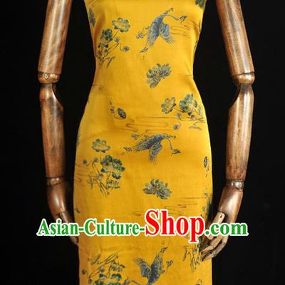 Chinese Classical Crane Lotus Pattern Silk Material Cheongsam Traditional Yellow Satin Fabric Gambiered Guangdong Gauze