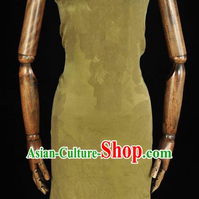 Chinese Cheongsam Olive Green Gambiered Guangdong Gauze Classical Peony Pattern Satin Material Traditional Jacquard Silk Fabric